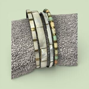 Vintage Mother of Pearl Inlay Bangle Bracelet Set Brass Tone Boho Stack 4pc